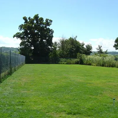 a large grassy field next to a fence